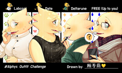 anthro blush bodily_fluids breasts brown_clothing brown_sweater brown_topwear buckteeth claws clothed clothing clothing_focus coat dress eyes_closed eyewear female fully_clothed glasses green_eyes happy lab_coat looking_at_viewer makeup mascara multiple_outfits nervous non-mammal_breasts open_mouth open_smile question_mark rectangular_glasses scales scarf shirt smile solo speech_bubble sweat sweatdrop sweater tail teeth text thick_tail topwear yellow_body yellow_scales guqinyin deltarune undertale undertale_(series) alphys reptile scalie bust_portrait chinese_text english_text hi_res portrait