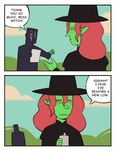 black_clothing black_hat black_headwear clothing cloud day dialogue duo female green_body green_skin hair hat headgear headwear humanoid_pointy_ears long_hair male money not_furry outside pointy_ears red_hair sky text yellow_sclera bonnymama7 elphaba_(bonnymama7) humanoid absurd_res comic english_text hi_res