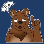 1:1 2023 4_fingers anthro bear bearphones black_nose black_text blue_background brown_bear brown_body brown_fur bust_portrait dialogue digital_drawing_(artwork) digital_media_(artwork) english_text fingers flat_colors front_view fur gesture grizzly_bear half-closed_eyes hand_gesture handwritten_text hi_res male mammal narrowed_eyes neck_tuft nude open_mouth outline peperott pointing pointing_up portrait reaction_image simple_background solo speech_bubble text tuft ursine white_outline