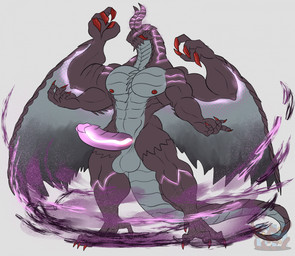 anthro areola arms_out balls barazoku belly big_penis claws erection eyeless genitals glans glowing glowing_genitalia glowing_horn glowing_penis glowing_stripes grey_balls grey_belly grey_chest horn male mouth_closed multi_arm multi_limb multicolored_body muscular muscular_anthro muscular_male nipples nude nude_anthro pecs penile_spines penis purple_penis red_areola red_claws simple_background solo standing stripes tail toe_claws two_tone_body two_tone_tail winged_arms wings daikuhiroshiama capcom monster_hunter demi_elder gore_magala 2025 hi_res