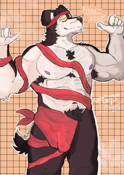 5_fingers abs anthro armpit_hair biceps big_bulge body_hair bulge chest_tuft clothed clothing eyes_closed fingers fur gift_wrapped holidays huge_bulge male multicolored_body nipples pecs ribbons smile solo tail tile topless tuft two_tone_body catwithsometea christmas canid canine canis domestic_dog mammal 2024 digital_media_(artwork) hi_res