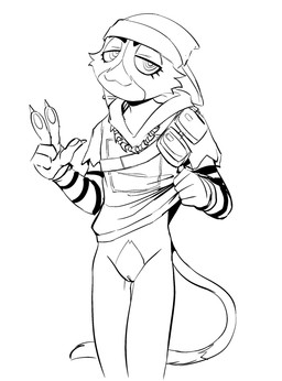 anthro beanie bottomless clothed clothing clothing_lift female genitals gesture hand_gesture hat headgear headwear jewelry looking_at_viewer necklace no_underwear pattern_clothing solo striped_clothing stripes tail v_sign vulva eldrossss epic_games fortnite meow_skulls domestic_cat felid feline felis mammal hi_res monochrome