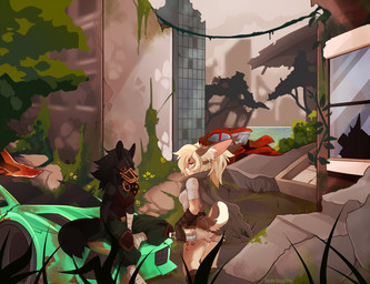 anthro black_body black_fur black_hair breasts butt butt_pose clothed clothing day detailed_background duo female fur hair muzzle_(object) muzzled outside pose sky snout standing geekidog canid canine canis felid feline mammal wolf 2020 digital_media_(artwork)