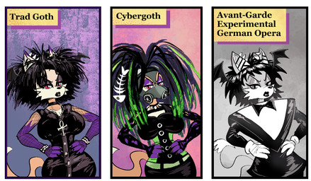 alternate_costume alternative_fashion ankh ankh_necklace anthro armwear big_breasts black_clothing black_dress black_eyeshadow black_hair breasts cheek_tuft clothing cybergoth dress ear_piercing eyeshadow facial_tuft female fishnet_armwear fishnet_clothing fur gas_mask goth green_highlights hair hands_on_hips head_wings highlights_(coloring) industrial_piercing industrial_piercing_ladder jewelry looking_at_viewer makeup mask messy_hair necklace orange_body orange_fur piercing purple_eyeshadow red_eyes solo tail text trad_goth tuft unusual_wing_placement wings boker klaus_nomi laura_derose bat-eared_fox canid canine fox mammal comic english_text greyscale monochrome