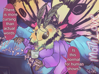 4_arms antennae_(anatomy) anthro bed big_breasts breasts cleavage clothed clothing compound_eyes container cup dialogue drinking female female_anthro fluffy furniture heart_symbol insect_wings looking_at_porn mug multi_arm multi_limb pornography proboscis_(anatomy) profanity sitting solo text wings ssleepyflowers arthropod insect lepidopteran moth 4:3 english_text
