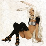 black_clothing black_panties black_underwear breasts butt cleavage clothed clothing dark_body dark_skin female footwear hair high_heels legwear long_hair midriff panties red_eyes shoes sitting solo thigh_highs thong underwear white_hair anahita kno_(anahita) final_fantasy final_fantasy_xii square_enix fran_(final_fantasy) animal_humanoid humanoid lagomorph lagomorph_humanoid mammal mammal_humanoid viera 1:1