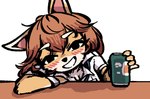 anthro beverage_can blush blush_lines brown_hair clothed clothing female furniture hair looking_at_viewer simple_background smile smiling_at_viewer solo table white_background unknown_artist canid canine mammal