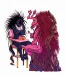 84akuma bib blackheart_(marvel) bowl chair container cutlery demon duo food furniture hair heart_symbol hi_res kitchen_utensils male marvel pink_body pink_hair red_eyes simple_background spoon tools white_background yellow_eyes