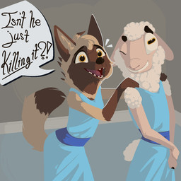 anthro black_nose blue_clothing blue_dress brown_eyes clothed clothed_anthro clothing crossdressing crossdressing_male detailed_background dialogue dipstick_tail dress duo emanata facial_markings female fur gloves hands_on_shoulders handwear head_markings horizontal_pupils interspecies male mane markings mask_(marking) matching_clothing matching_outfits multicolored_body multicolored_fur one_eye_closed outline pupils smile speech_bubble speech_bubble_drop_shadow tail tail_markings teeth text wool_(fur) conditional_dnp tangerine_(artist) pack_street anneke_(weaver) remmy_cormo aardwolf bovid caprine hyena mammal sheep 1:1 2025 aliasing digital_drawing_(artwork) digital_media_(artwork) english_text hi_res