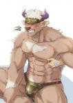 abs blush body_hair bulge camo chest_hair clothing disembodied_hand duo horn male nipple_fetish nipple_pinch nipple_play pecs pinch pubes solo_focus underwear katoributa_a lifewonders tokyo_afterschool_summoners shennong_(tas) bovid bovine cattle mammal