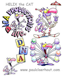 4_fingers ball barefoot big_nose clothing clown clown_costume coat entwined_tails fangs feet fingers frill_(anatomy) green_eyes hat headgear headwear holding_object holding_umbrella lab_coat letter_block multi_tail neck_frill party_hat pink_body purple_body simple_background tail tail_coil teeth topwear toy_block umbrella whisker_spots white_background yellow_sclera paul_claerhout dna_productions helix_the_cat domestic_cat felid feline felis mammal colored_pencil_(artwork) colored_sketch sketch traditional_media_(artwork)