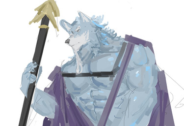 abs anthro beard facial_hair fur grey_body grey_fur humanoid_hands mace male melee_weapon muscular muscular_anthro muscular_male pecs simple_background solo weapon white_background aican5151 sdorica law_(sdorica) canid canine canis mammal wolf 2025 absurd_res colored colored_sketch hi_res sketch
