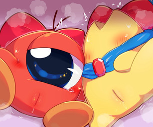 1_eye bedroom_eyes blush bodily_fluids bow_accessory cape clothing dripping duo faceless female genital_fluids genitals head_bow innie_vulva mostly_nude narrowed_eyes not_furry orange_body presenting presenting_vulva red_bow seductive spread_legs spreading steaming sweat vaginal_fluid_drip vaginal_fluids vulva yellow_body badwingm kirby_(series) nintendo starman_(kirby) waddle_doo waddling_head digital_media_(artwork) hi_res