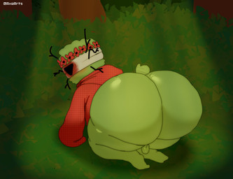 6_horns all_fours anthro balls big_butt black_horn blind blindfold butt clothing disability flower flower_crown forest fur genitals grass green_body green_fur green_tail horn huge_butt huge_thighs looking_back male multi_horn on_grass outside plant rear_view red_clothing red_robe robe short_tail shrub small_balls solo spotlight tail text thick_thighs three-quarter_view tree axoarts cult_of_the_lamb massive_monster_(studio) leshy_(cult_of_the_lamb) bagworm monster 2025 artist_name digital_media_(artwork) hi_res