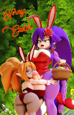 accessory anthro areola areola_slip basket big_breasts big_butt big_penis breasts bunny_costume butt cleavage clothed clothing container costume curvy_figure duo ear_piercing ear_ring easter_basket easter_egg erection eyewear fake_ears fake_rabbit_ears female flower flower_in_hair freckles fur furgonomics genitals glasses gynomorph hair hair_accessory holidays hug huge_breasts huge_penis humanoid_pointy_ears intersex intersex/intersex looking_at_viewer looking_down orange_hair penis piercing plant pointy_ears ponytail purple_hair ring_piercing shortstack shortstack_female side_boob tail tail_accessory thick_thighs tongue tongue_out voluptuous wide_hips tahlian easter felicia_(tahlian) kiki_(tahlian) elf haplorhine humanoid mammal monkey primate 3d_(artwork) absurd_res blender_(artwork) digital_media_(artwork) hi_res