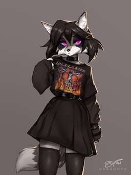 anthro black_hair clothing dress female female_anthro glowing glowing_eyes grey_background hair legwear looking_at_viewer purple_eyes simple_background solo thigh_highs dragonfu in_flames frankie_(dragonfu) canid canine fox hybrid mammal procyonid raccoon 2022 3:4