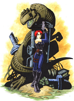 blue_clothing boots clothing duo female feral footwear green_body gun hair handgun holding_gun holding_handgun holding_object holding_pistol holding_ranged_weapon holding_weapon pistol ranged_weapon red_hair shoes size_difference standing tail water weapon pipin_(artist) capcom dino_crisis regina_(dino_crisis) dinosaur human mammal prehistoric_species reptile saurischian scalie theropod 2002