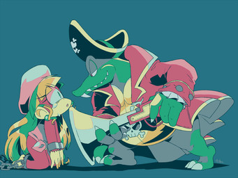 bodily_fluids bound claws clothing duo ear_piercing ear_ring eye_contact female fur looking_at_another male piercing pirate pirate_hat ring_piercing tears weapon ajuka donkey_kong_(series) nintendo dixie_kong king_k._rool haplorhine kremling mammal monkey primate scalie 2019 4:3 signature