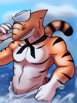 anthro claws clothing male muscular sailor_uniform sharp_teeth solo standing teeth uniform water wet lewdraru aquatic felid fish hybrid mammal pantherine shark tiger absurd_res hi_res