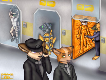 anthro bdsm bondage bound chain chastity_cage chastity_device dominant dominant_female female group latex machine male muzzle_(object) muzzled prison prisoner restraints straitjacket teasing undercover vacuum_bed drakethefox circuit_(protogen) cyberius_fox duffy_(duffy) dusty_foxwood_(dusty0071) greycait hal_(lethian) canid canine civet felid feline fox hybrid lynx mammal protogen viverrid 4:3