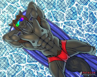 anthro armpit_hair biceps black_body black_fur body_hair brown_hair eyewear fur hair male muscular muscular_male nipple_piercing nipples pecs piercing solo sunglasses text iudicium86 ryusei_iouko canid canine canis mammal wolf 5:4 absurd_res hi_res url