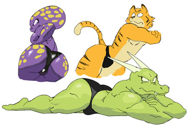 2_horns anthro big_butt biped black_eyes black_nose black_stripes bulge butt cheek_tuft clothed clothed_anthro clothed_male clothing crossed_arms dipstick_tail facial_tuft fur glistening glistening_body glistening_butt glistening_clothing glistening_thong glistening_underwear green_body green_scales group hand_on_hip hand_on_own_hip horn legs_together looking_back lying male male_anthro markings mouth_closed multicolored_body multicolored_fur multicolored_tail muscular muscular_anthro muscular_male nipples on_front orange_body orange_fur orange_tail pecs purple_body purple_nipples rear_view scales simple_background spots spotted_body striped_body striped_fur striped_markings striped_tail stripes tail tail_markings tan_body tan_fur tan_tail tan_tail_tip teeth thong thong_only topless topless_anthro topless_male trio tuft underwear underwear_only white_background white_horn yellow_spots crimenes dragon_ball dragon_ball_z appule blueberry_(dragon_ball) alien blueberry's_race felid mammal pantherine reptile scalie tiger 2025 digital_drawing_(artwork) digital_media_(artwork) english_description