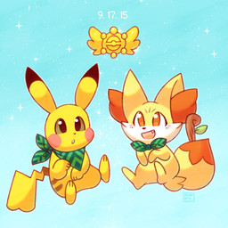 badge black_body black_fur blue_background blush brown_body brown_fur cute_fangs dipstick_ears duo ear_markings fangs female feral fur kerchief magic_wand multicolored_ears open_mouth orange_body orange_fur red_cheeks simple_background sparkles stick teeth year yellow_body yellow_fur aimer nintendo pokemon pokemon_mystery_dungeon spike_chunsoft canid canine fennekin generation_1_pokemon generation_6_pokemon mammal pikachu pokemon_(species) rodent 1:1 2025 hi_res