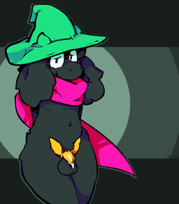 anthro big_ears black_body black_fur bodily_fluids chastity_cage chastity_device clothing cum cum_drip dripping eyewear femboy fur genital_fluids glasses gold_(metal) gold_chastity_cage gold_chastity_device green_clothing green_hat green_headwear hat headgear headwear looking_at_viewer male pink_scarf scarf simple_background smile solo stylized_chastity_cage thick_thighs catjamn deltarune undertale_(series) ralsei bovid caprine goat mammal 2022 aliasing digital_media_(artwork) hi_res