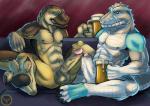 abs alcohol anthro balls beer beverage blue_body claws drinking duo erection frottage genitals grey_body male male/male muscular muscular_male nipples nude paws penile penis rubbing sex simple_background sitting smile spread_legs spreading teeth jakensitou crocodile crocodilian dinosaur lizard prehistoric_species reptile scalie 2016