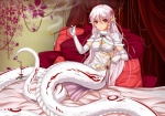 accessory apode asian_clothing bed bed_sheet bedding bedroom blush breasts chinese_clothing chinese_dress cleavage clothed clothing curtains draconcopode dress east_asian_clothing female flower furniture gloves hair hair_accessory handwear hi_res humanoid humanoid_pointy_ears inside lamia legless long_hair looking_at_viewer midnight_(artist) monster_girl_(genre) pillow pink_hair pipe plant red_eyes reptile scalie serpentine smile smoke smoking smoking_pipe snake solo split_form white_clothing white_gloves white_handwear