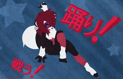 anthro dancing flying grunge hair male purple_eyes red_hair solo star text kemotobi tobiki_(kemotobi) domestic_ferret mammal mustelid musteline true_musteline weasel 2013 japanese_text