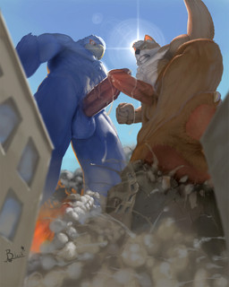 abs animal_genitalia anthro anthro_on_anthro athletic balls beak biceps big_penis black_nose blue_body blue_eyes blue_feathers bodily_fluids brown_body brown_fur building building_destruction chest_tuft clenched_teeth cum cum_drip cum_on_penis cum_string destruction dripping duo ejaculation erection fangs feathers frottage frown fur genital_fluids genitals green_eyes hair hands-free interspecies landscape_dwarfing light macro male male/male muscular nude orange_body orange_fur orgasm pecs penile penis penises_touching pose precum sex sheath standing sun sunlight teeth thick_penis tuft vein white_body white_fur white_hair lion21 nintendo star_fox falco_lombardi fox_mccloud avian bird canid canine fox mammal 4:5 hi_res