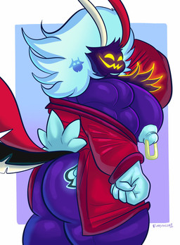 5_fingers anthro bathrobe biceps big_butt blacked_(kink) border butt clothing feathers fingers fluffy glowing glowing_eyes male multicolored_body muscular muscular_male nipple_piercing nipple_ring nipples piercing queen_of_spades_symbol raceplay red_bathrobe red_clothing red_robe ring_piercing robe smile solo spades_(suit) suit_symbol tail thick_thighs white_border furryonline1 hellaverse helluva_boss asmodeus_(helluva_boss) avian demon hi_res signature