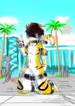 anthro ball_gag bodily_fluids bound cum eye_patch eyewear gag genital_fluids gesture lento lock male outside public solo waving young young_anthro young_male lentocn felid mammal pantherine tiger absurd_res hi_res