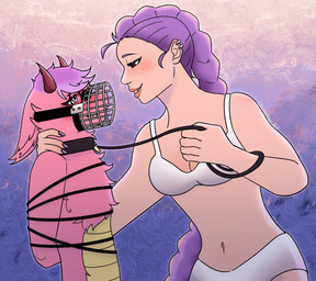 ambiguous_gender anthro arms_tied bdsm blush blush_lines blushing_profusely bound breasts chest_tuft collar collar_tag dominant dominant_female duo ear_piercing female female/female female_anthro female_on_human flirting flustered hair helpless horn human_on_anthro interspecies leash leash_pull leashed_collar leashed_female lipstick makeup muzzle_(object) muzzled neck_grab piercing pink_body pink_hair purple_hair smile smirk submissive submissive_anthro submissive_female tuft twinkslayer_(artist) mythology rumi_(kpop_demon_hunters) dragon human mammal mythological_creature mythological_scalie scalie hi_res