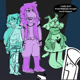 2_horns 4_fingers ambiguous_gender ambiguous_human anthro armor barefoot biped clothed clothed_anthro clothed_human clothing dialogue eyewear feet female fingers freckled_face freckles glasses group hair horn looking_at_another male scarf speech_bubble tail text wearing_glasses ttaranza deltarune undertale_(series) kris_dreemurr ralsei susie_(deltarune) animate_inanimate bovid caprine darkner goat human mammal paper_creature reptile scalie 2025 digital_drawing_(artwork) digital_media_(artwork) english_description english_text