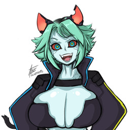 big_breasts blue_eyes breasts clothing fangs female green_hair green_pupils grey_body hair huge_breasts jacket looking_at_viewer machine pupils red_sclera short_hair simple_background smile smiling_at_viewer solo tail teeth text topwear glubtastic animal_humanoid cat_humanoid felid felid_humanoid feline feline_humanoid humanoid mammal mammal_humanoid robot robot_humanoid 2025 hi_res signature