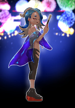 bandeau blurred_background clothing cutout female fireworks leggings legwear looking_at_viewer not_furry pseudo_hair rear_view solo tentacle_hair tentacles topwear translucent translucent_clothing koharuno2 nintendo splatoon shiver_(splatoon) aquatic cephalopod humanoid mollusk octarian octoling hi_res