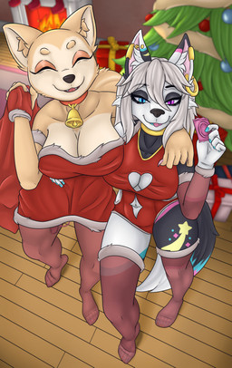 anthro armwear bell bell_collar big_breasts breasts chimney christmas_clothing christmas_decorations clothing collar condom duo ear_piercing ear_ring egg_vibrator eyes_closed feet female female/female happy heterochromia holidays legwear looking_at_viewer open_mouth piercing ring_piercing sex_toy sexual_barrier_device smile standing vibrator pavotyson christmas shiba_(shibashibs) canid canine canis domestic_dog mammal shiba_inu spitz absurd_res hi_res