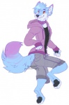 anthro blue_body blue_fur bottomwear clothed clothing collar fur grin hoodie male shorts smile solo topwear ailuranthropy goji_(flitchee) arctic_fox canid canine fox mammal true_fox 2015