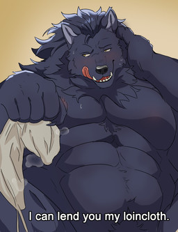 5_fingers black_body black_claws black_fur black_nose blush claws clothing fangs fingers fluffy fur gradient_background licking licking_lips male open_mouth pecs simple_background solo teeth text tongue tongue_out underwear yellow_background yellow_eyes overly_ketchup claude_abras canid canine canis mammal wolf absurd_res english_text hi_res