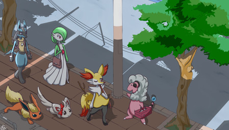 all_fours ambiguous_gender anthro backpack black_body black_fur blue_body blue_fur bow_ribbon building chest_spike city cityscape female feral fur green_body green_skin grey_body grey_fur group hooves inner_ear_fluff male mane one_eye_closed orange_body orange_fur plant pseudo_clothing pseudo_hair purse shadow size_difference spikes spikes_(anatomy) stick tail tail_orb tan_body tan_fur toolbox tree tuft walking white_body white_fur white_skin wool_(fur) yellow_body yellow_fur reikomuffin nintendo pokemon bovid braixen canid canine caprine eeveelution flaaffy flareon fox gardevoir generation_1_pokemon generation_2_pokemon generation_3_pokemon generation_4_pokemon generation_5_pokemon generation_6_pokemon humanoid lucario mammal minccino pokemon_(species) sheep