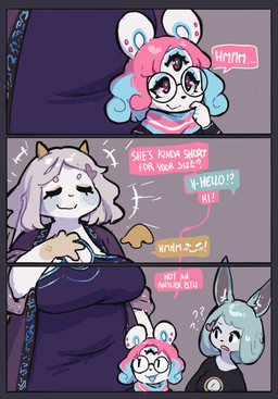 2_horns anthro belly big_breasts biped blue_hair blush breasts cleavage cleavage_cutout clothed clothing colored_nails countershade_scales countershading cutout dialogue ear_piercing eyes_closed female fur gloves_(marking) green_eyes grey_hair group hair horn larger_anthro larger_female lgbt_pride markings medium_length_hair multicolored_eyes nails piercing pink_hair pride_colors question_mark red_eyes scales scarf shirt size_difference slightly_chubby small_wings smaller_anthro smaller_female smile speech_bubble text topwear transgender_pride_colors trio white_body white_fur white_scales wings eerieviolet mythology khio_(eerieviolet) panya_(eerieviolet) dragon mammal mouse murid murine mythological_creature mythological_scalie rodent scalie comic english_text hi_res trans_(lore) trans_woman_(lore)