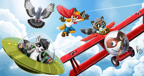 aircraft airplane anthro black_hair blue_bottomwear blue_clothing blue_shorts blue_sky bottomwear brown_eyes cape clothed clothing cloud eyewear flying fur glistening glistening_eyes goggles grey_body grey_fur group hair logo male markings mask open_mouth open_smile orange_body orange_fur red_cape red_clothing red_mask short_hair shorts sky smile striped_markings striped_tail stripes tail tail_markings topwear ufo vehicle wearing_mask white_clothing white_topwear young young_anthro young_male pandapaco art_(pandapaco) biro_(pandapaco) canid canine fox mammal procyonid raccoon artist_logo signature