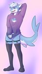 anthro bodily_fluids clothed clothing covering covering_crotch crossdressing femboy genital_fluids hoodie leaking leaking_precum leggings legwear licking licking_lips licking_own_lips male precum pulling_down_shirt showing_teeth solo stockings teasing tongue tongue_out topwear skunkexe fiber_(fiberr) fish marine shark hi_res