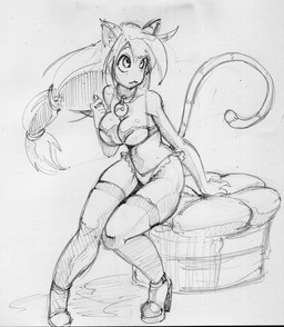 :3 black_eyes bra braided_hair breasts cleavage clothed clothing collar eyebrows female footwear hair high_heels inner_ear_fluff legwear long_hair looking_away shoes simple_background sitting solo stockings tuft underwear white_background krakenparty animal_humanoid cat_humanoid felid felid_humanoid feline feline_humanoid humanoid mammal mammal_humanoid 2015 monochrome sketch traditional_media_(artwork)