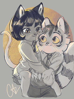 accessory anthro blush blush_lines bob_cut bottomwear canon_couple caring carrying_another claws clothed clothing daww dress duo eye_contact eyebrows eyelashes female fluffy fluffy_tail fully_clothed glistening glistening_eyes grey_background hand_holding hand_on_leg happy head_tuft intimate kindness leggings legwear looking_at_another looking_at_partner love lovers_moment male male/female moon necktie night pants piggyback playful romantic romantic_ambiance romantic_couple shirt simple_background sitting smile tail tender tenderness topwear tuft walking whiskers 666calistaxx_(artist) lackadaisy calvin_mcmurray ivy_pepper domestic_cat felid feline felis mammal 2024 3:4 digital_drawing_(artwork) digital_media_(artwork) hi_res monochrome signature