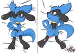 anthro bed_sheet bedding dakimakura eyewear front_view genitals glasses happy male nude pawpads paws penis purple_eyes rear_view solo hugoriolu nintendo pokemon hugo_the_riolu generation_4_pokemon pokemon_(species) riolu dakimakura_design