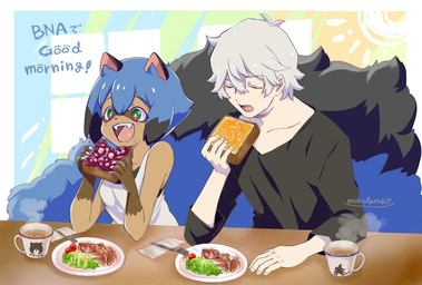 anthro black_body black_fur black_hair blue_body blue_eyes blue_fur blue_hair breasts brown_body brown_fur clothed clothing container cup cute_fangs cutlery duo eating eyes_closed facial_markings fangs female fluffy fluffy_tail fork fur gloves_(marking) hair head_markings kitchen_utensils male markings mask_(marking) multicolored_body multicolored_eyes multicolored_fur multicolored_hair open_mouth plate purple_eyes sitting tail teeth text tools topwear 69mokutanuko39 brand_new_animal studio_trigger michiru_kagemori shirou_ogami canid canine human mammal raccoon_dog tanuki 2020