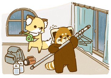ambiguous_gender biped black_eyes black_nose brown_body chibi detailed_background dot_eyes duo feral inside raining simple_eyes shi_nominmin ailurid canid canine fox mammal red_panda 2023 hi_res